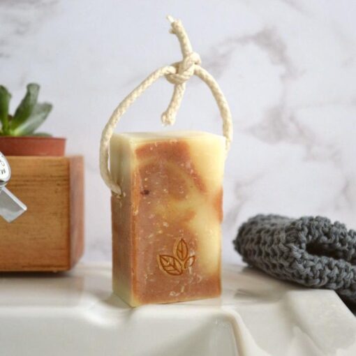 natural soap on a rope black pepper and ginger back