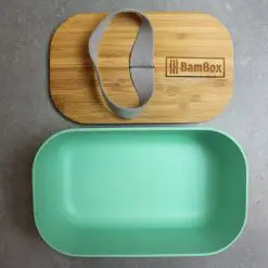 bambox microwavable bamboo lunch box 1.1L green grey strap top
