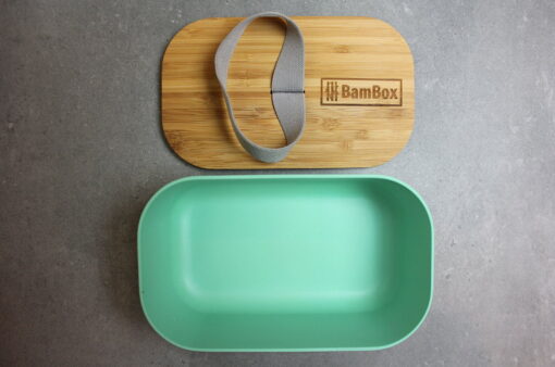 bambox microwavable bamboo lunch box 1.1L green grey strap top