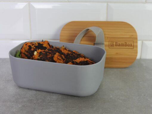 bambox microwavable bamboo lunch box 1.1L grey grey strap side with food
