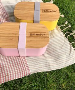 bambox microwavable bamboo lunch box 1.1L yellow grey strap with pink